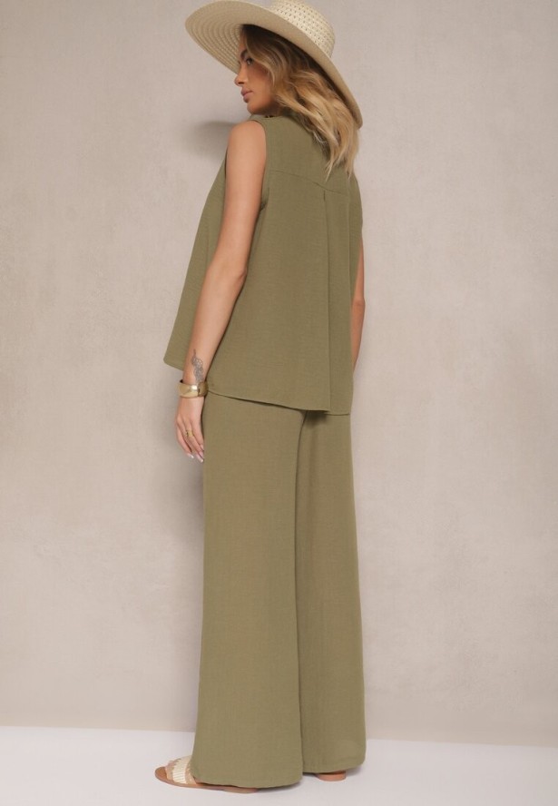 Ciemnozielony Komplet Koszula na Guziki bez Rękawów i Szerokie Spodnie Telaritia