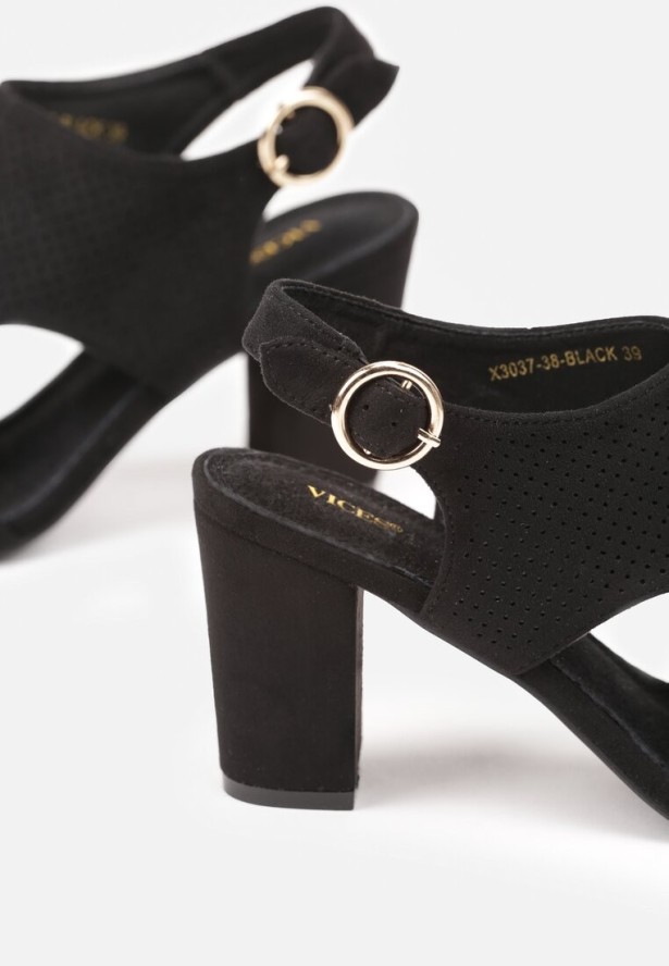 Czarne Ażurowe Sandały Vices na Słupku z Wkładką ze Skóry Naturalnej Obelle
