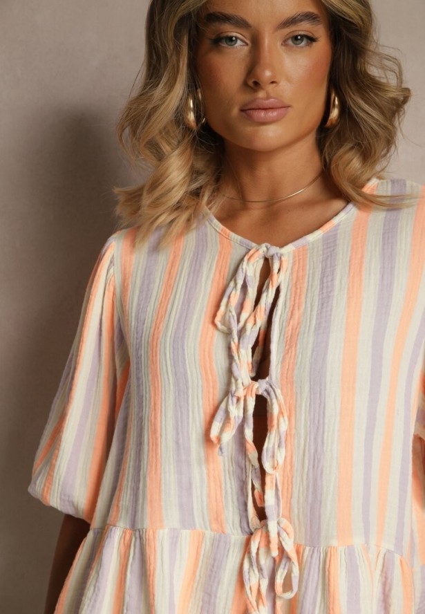 Pomarańczowa Bluzka z Bawełny w Prążki Zdobiona Wiązaniem i Falbaną Farettia