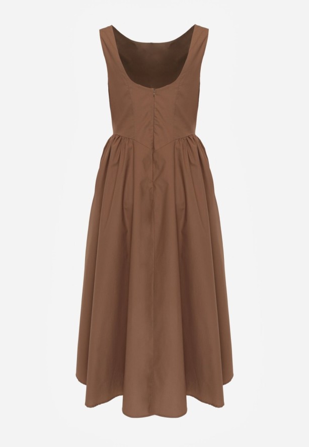 Brązowa Sukienka Bawełniana o Rozkloszowanym Fasonie z Dekoltem Łódką i Kieszeniami Elenira