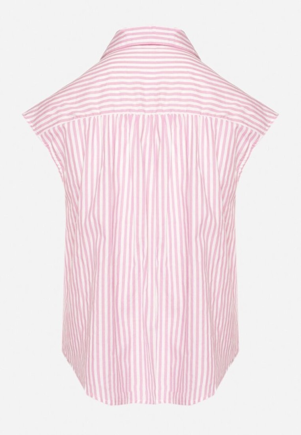 Różowa Bawełniana Koszula Bez Rękawów w Paski Zapinana na Guziki Loratia