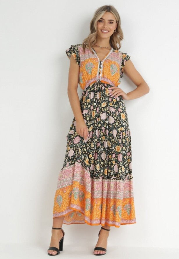 Czarno-Pomarańczowa Sukienka Maxi z Wiskozy w Stylu Boho Larres