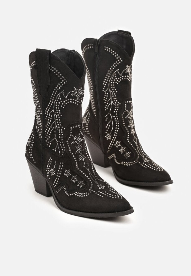 Czarne Botki Typu Kowbojki na Obcasie Ozdobione Cyrkoniami Rilionea