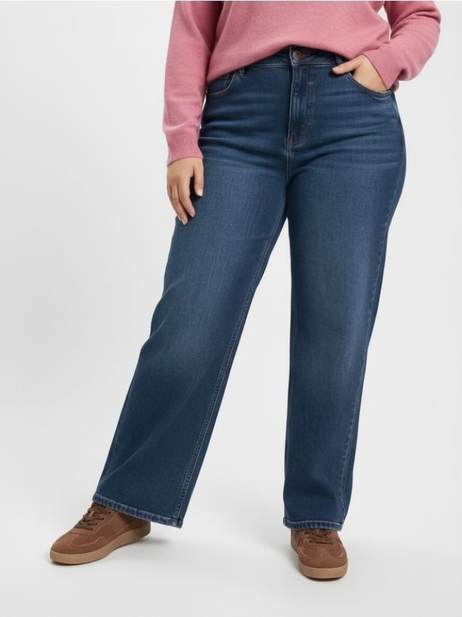 Jeansy wide leg z efektem sprania Plus size - granatowy