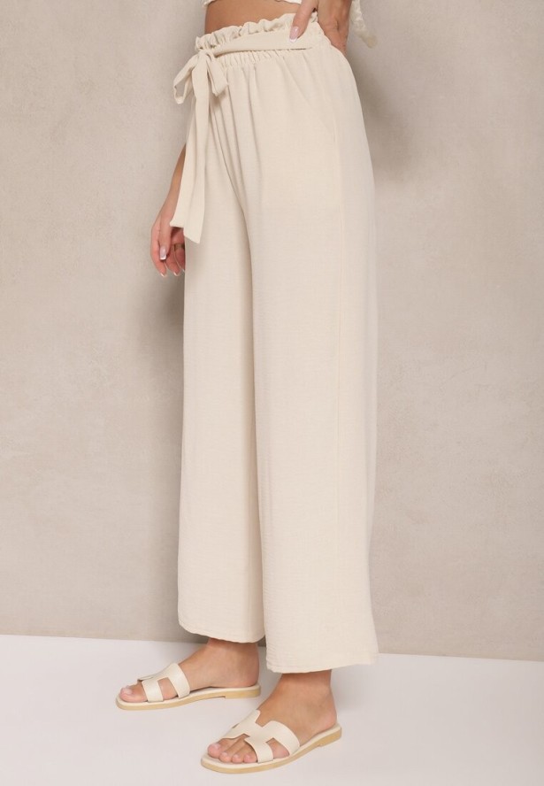 Beżowe Spodnie z Wiskozą o Szerokim Kroju High Waist z Wiązaniem Ivelwia