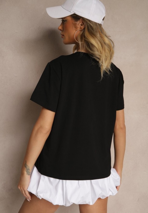 Czarny Bawełniany T-shirt z Cekinową Aplikacją w Kształcie Kokardy Tenuria