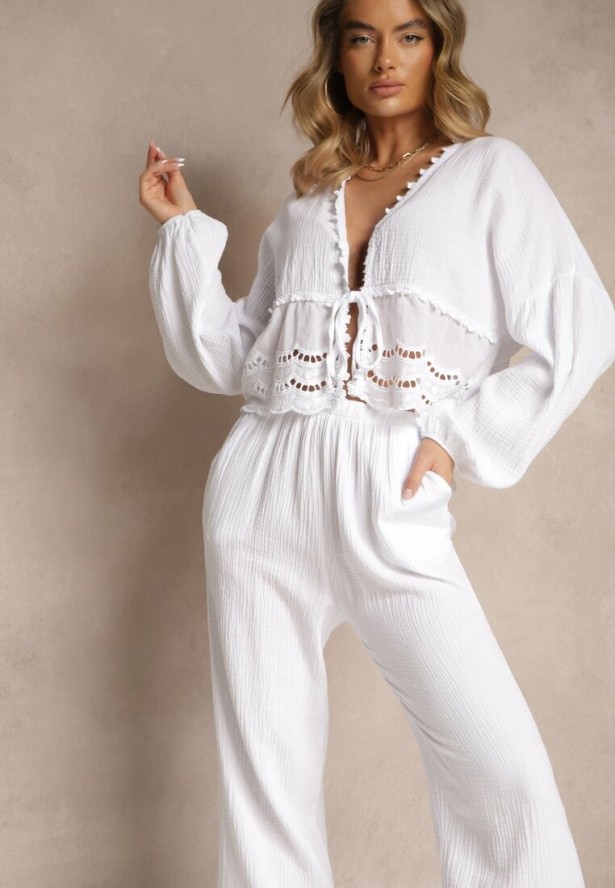 Biały Komplet z Bawełny z Ażurowymi Wstawkami Bluzka z Wiązaniem i Spodnie Jaette