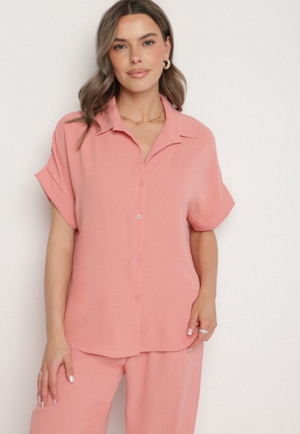 Różowy Komplet Koszula z Krótkim Rękawem i Szerokie Spodnie Maralissa