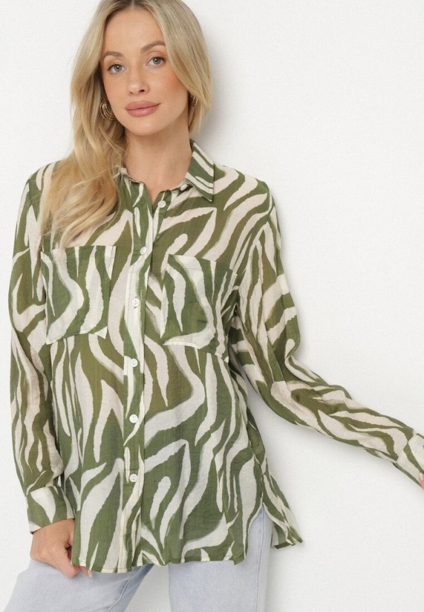 Zielona Klasyczna Koszula w Zebrę z Przezroczystej Tkaniny z Wiskozy Bovianne