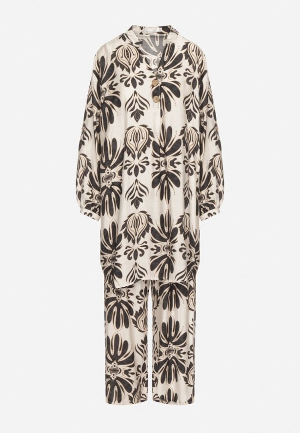 Czarno-Beżowy Komplet z Wiskozą w Etniczny Wzór Długa Koszula i Szerokie Spodnie Rindira