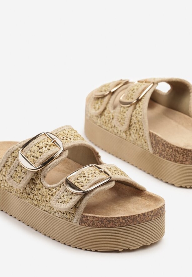 Beżowe Szydełkowe Klapki na Niskiej Platformie z Paskami z Klamrami Redeleine