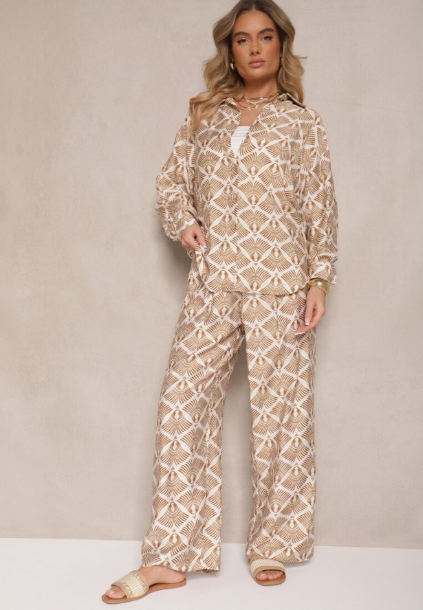 Beżowo-Brązowy Komplet z Wiskozy Koszula i Spodnie w Ornamentalny Print Desanelia