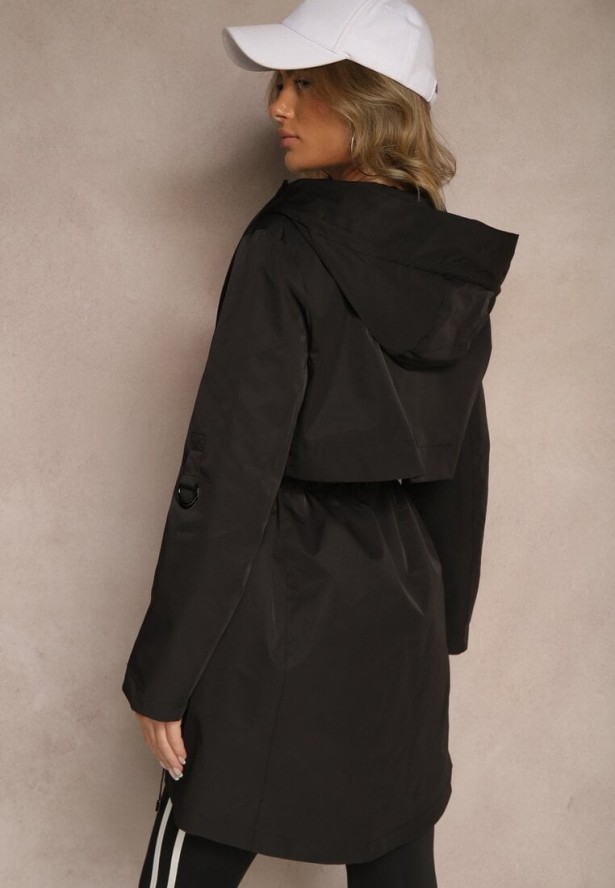 Czarny Płaszcz Kurtka Wiatrówka z Kapturem Arivina