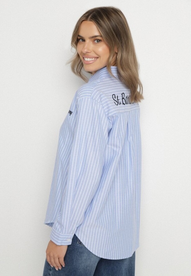 Jasnoniebieska Koszula w Paski Zdobiona Haftem Denelle