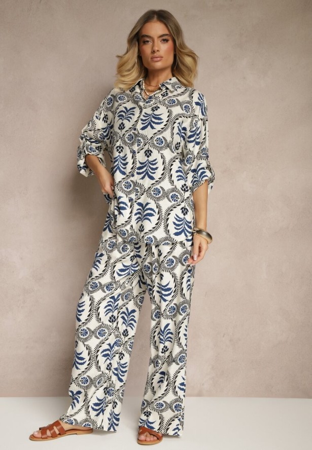 Niebieski Komplet z Motywem Roślinnym Koszula i Spodnie Divisla