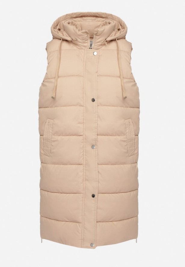 Ciemnobeżowa Pikowana Kamizelka z Kapturem i Sznurkami Zelothis