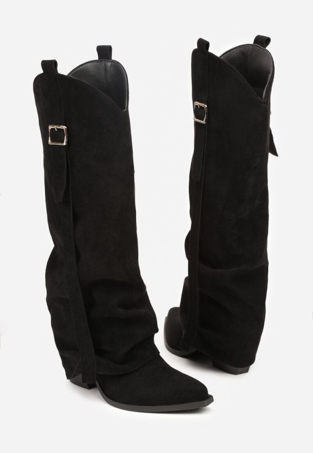 Czarne Kozaki Kowbojki na Stożkowym Obcasie z Wywiniętą Cholewką i Klamrą Naletea