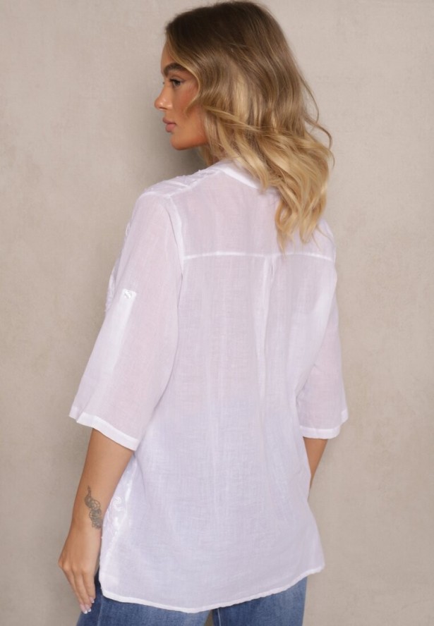 Biała Bawełniana Koszula Ozdobiona Haftem i Regulowanymi Rękawami Aranovia