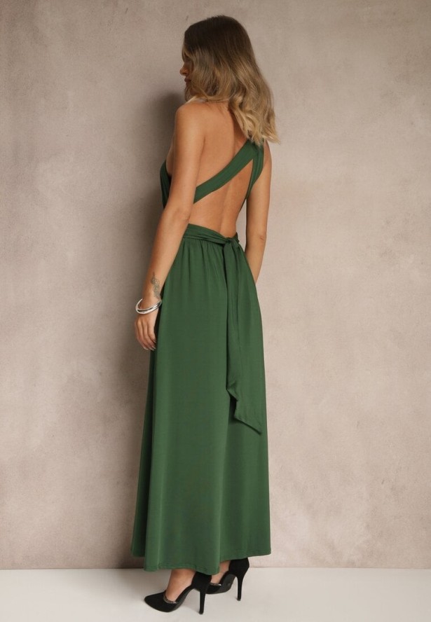 Ciemnozielona Sukienka Koktajlowa Multiway z Wiskozą Wiązana na Szyi Lilovea