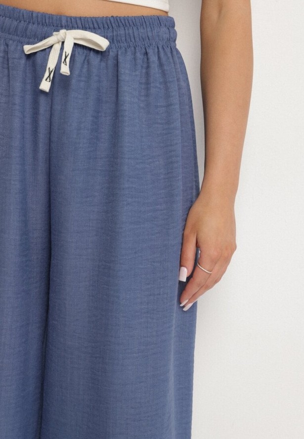 Granatowe Szerokie Spodnie z Bawełny Ozdobione Wiązaniem Evipolli