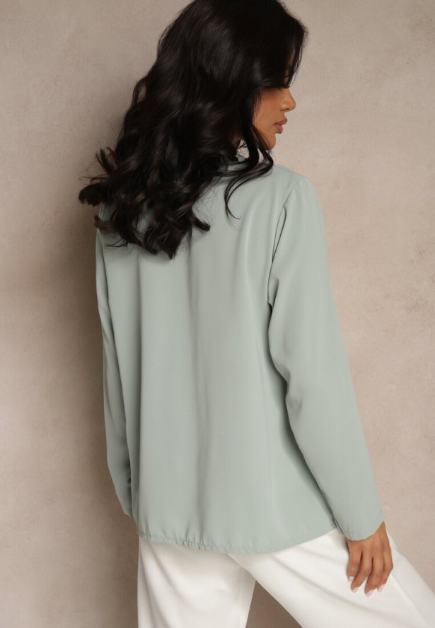 Jasnozielona Bluzka Trapezowa z Dekoltem w Kształcie Litery V i Podpinanymi Rękawami Morlimi