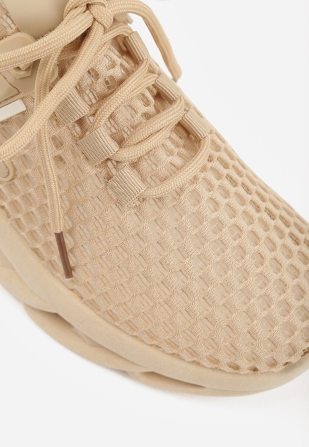 Ciemnobeżowe Siateczkowe Buty Sportowe Sneakersy na Grubej Tłoczonej Podeszwie Telarienna