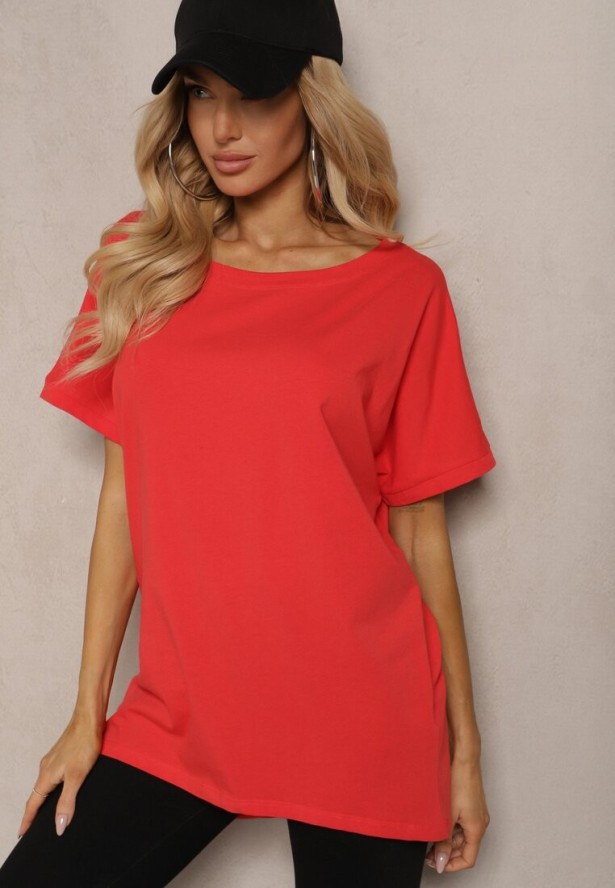 Czerwony Bawełniany T-shirt Oversize z Krótkim Rękawem i Dłuższym Tyłem Zanimara