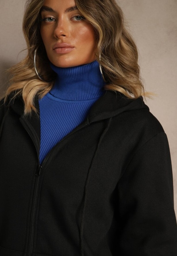 Czarna Bluza Rozpinana z Kapturem z Bawełną Ozdobiona Sznurkami Odiola