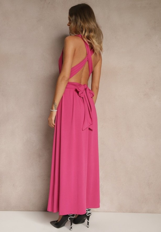 Ciemnoróżowa Sukienka Koktajlowa Multiway z Wiskozą Wiązana na Szyi Lilovea