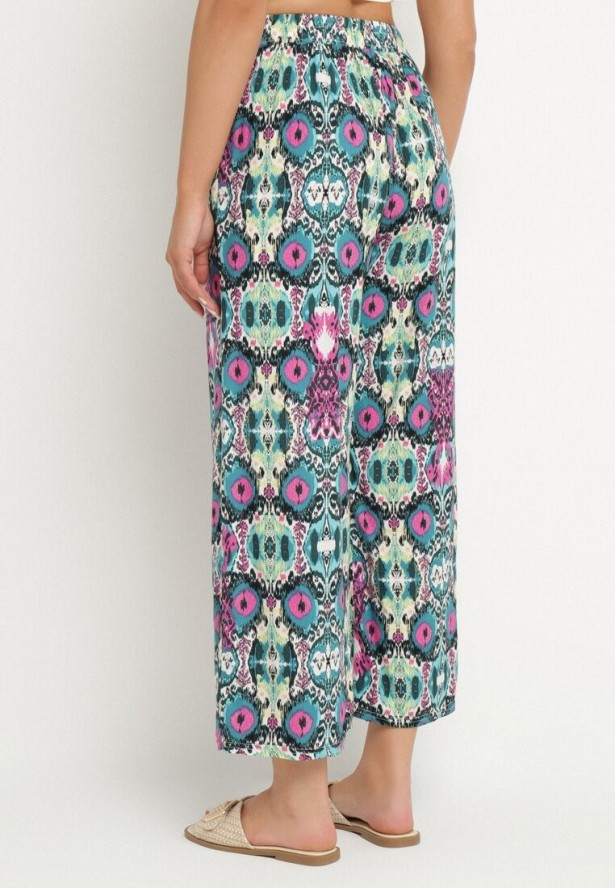 Zielono-Różowe Spodnie Szerokie z Bawełny w Etno Print Tolivenna