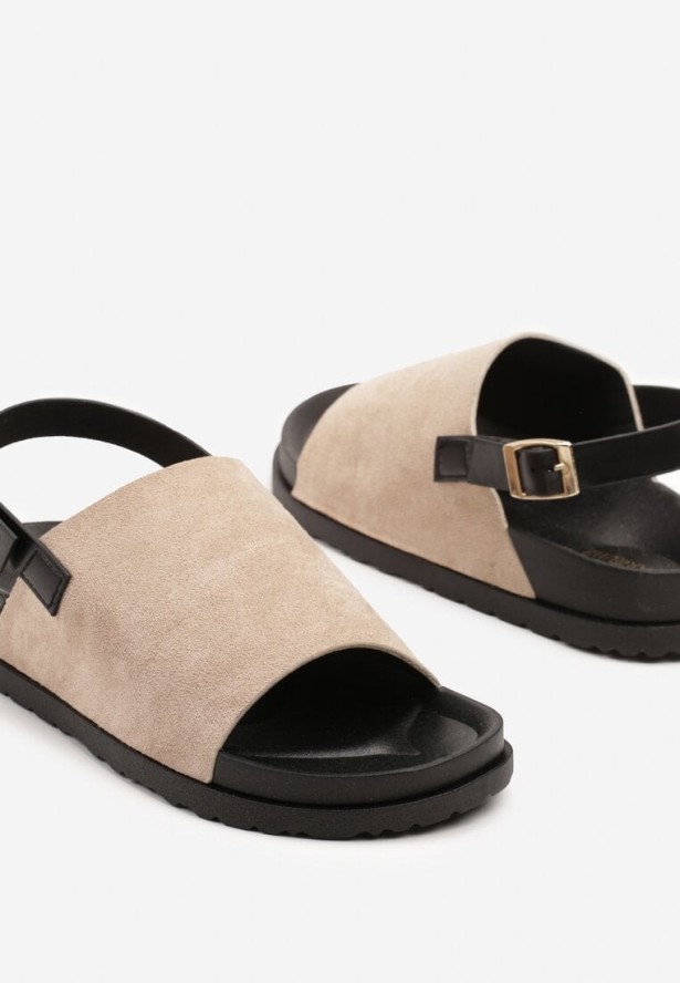 Ciemnobeżowe Sandały z Szerokim Paskiem z Ekozamszu Zapinane na Sprzączkę Galgis