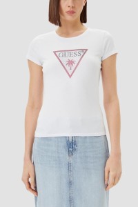 GUESS Biały damski t-shirt z logo z cyrkoniami Triangle Rhinestones, Rozmiar S
