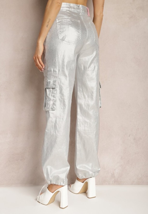 Srebrne Metaliczne Spodnie Bojówki z Kieszeniami Honna