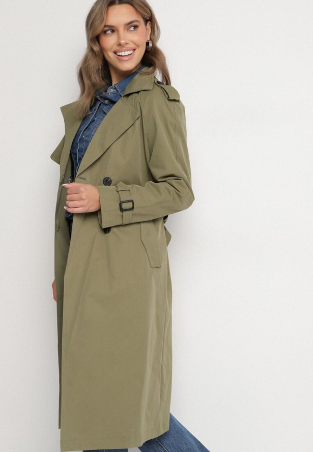 Ciemnozielony Płaszcz Trencz z Wiskozą o Klasycznym Kroju z Paskiem Mabbea