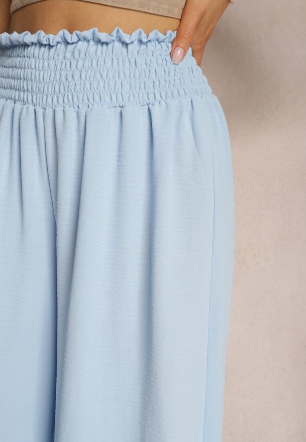 Jasnoniebieskie Spodnie High Waist z Szerokimi Nogawkami i Gumką w Pasie Risabessa