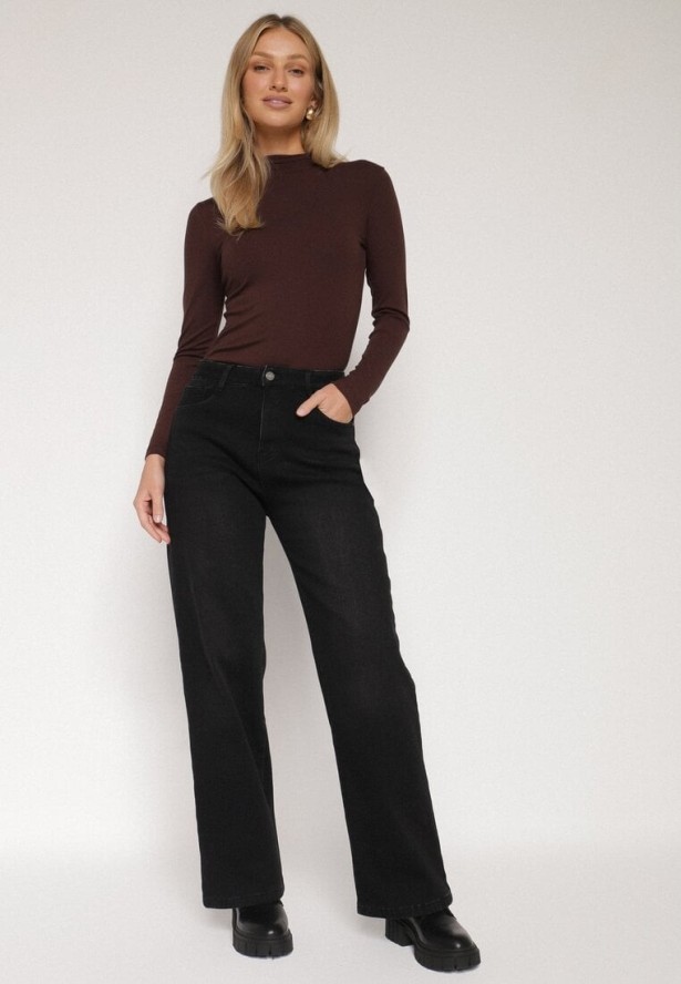 Czarne Jeansy z Szeroką Nogawką i Wysokim Stanem Ocieplane Polarem Mevellania