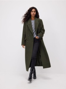 Dwurzędowy płaszcz z wełną - zielony