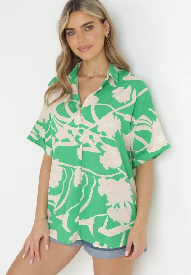 Zielona Bluzka z Krótkimi Rękawami w Kwiaty Selenes