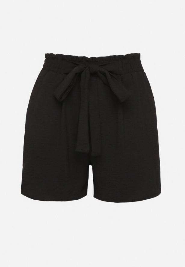 Czarne Szorty z Wysokim Stanem i Gumką w Talii Zdobione Wiązaniem Mevalica