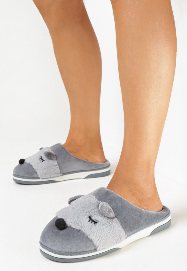 Szare Kapcie z Futerkiem i Ozdobnymi Uszami Vlavellla