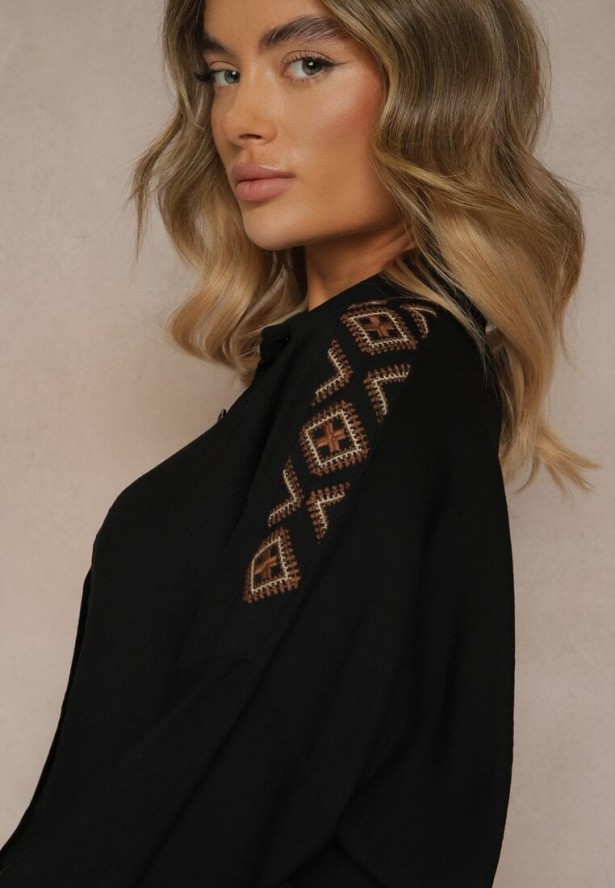 Czarna Koszula z Ozdobnym Haftem Sadine