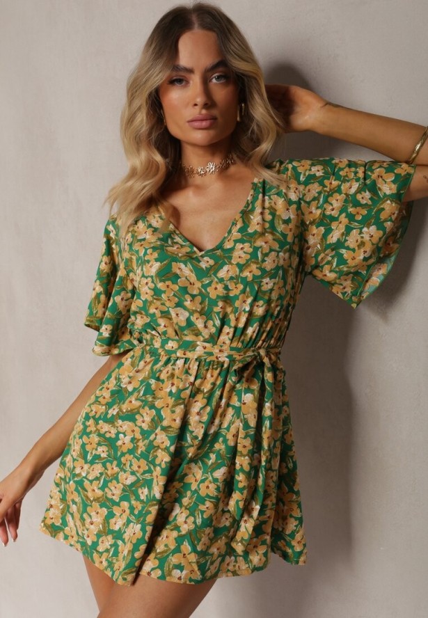 Zielono-Żółty Kombinezon w Kwiaty z Krótkim Rękawem z Gumką w Talii i Paskiem Biacelia