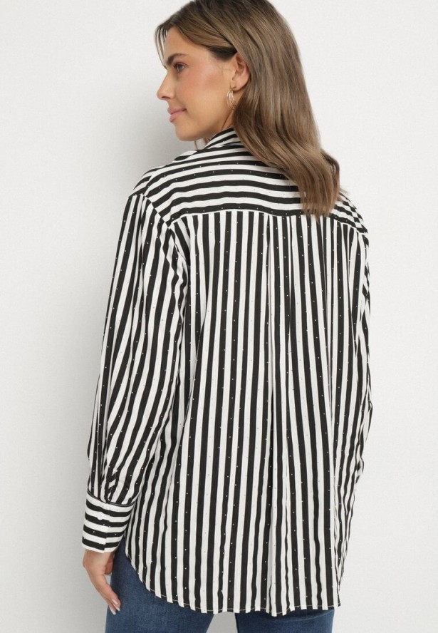 Czarna Bawełniana Koszula w Pionowe Paski Zdobiona Cyrkoniami Isorina