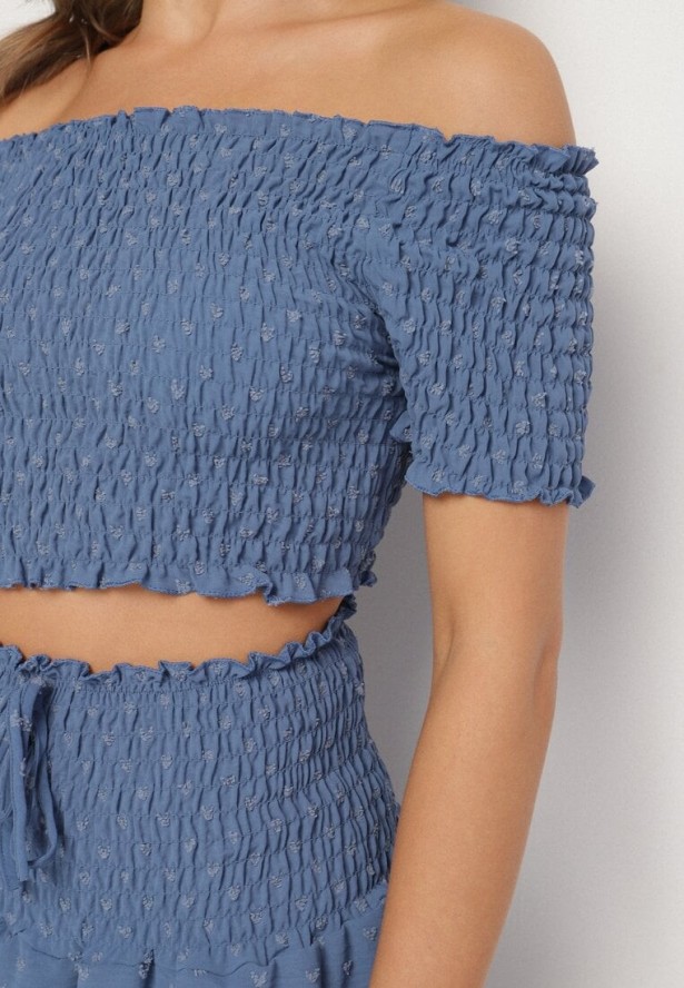 Niebieski Komplet Top w Stylu Hiszpanki i Spódnico-Szorty z Gumką Quillatta