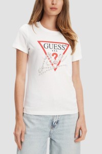 GUESS Biały damski t-shirt Pearls Love, Rozmiar M