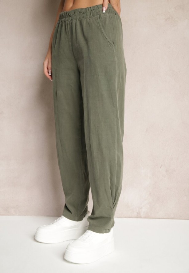 Ciemnozielone Spodnie z Bawełny High Waist Galili