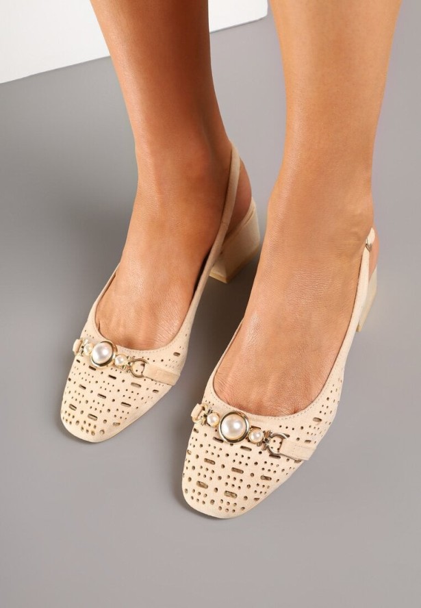 Beżowe Sandały Vices z Wkładką ze Skóry i Ażurowymi Wycięciami na Słupku Koredia