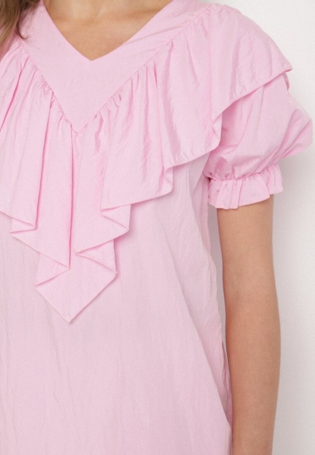 Różowa Bluzka z Wiskozą i Falbankami Fadevia