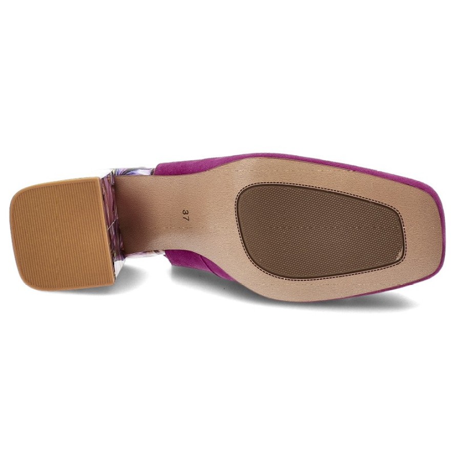 Czółenka damskie S.Barski, cholewka ze skóry naturalnej z odkrytą piętą na efektownym obcasie z artystycznym printem oraz dekoracyjną kokardą, różowe