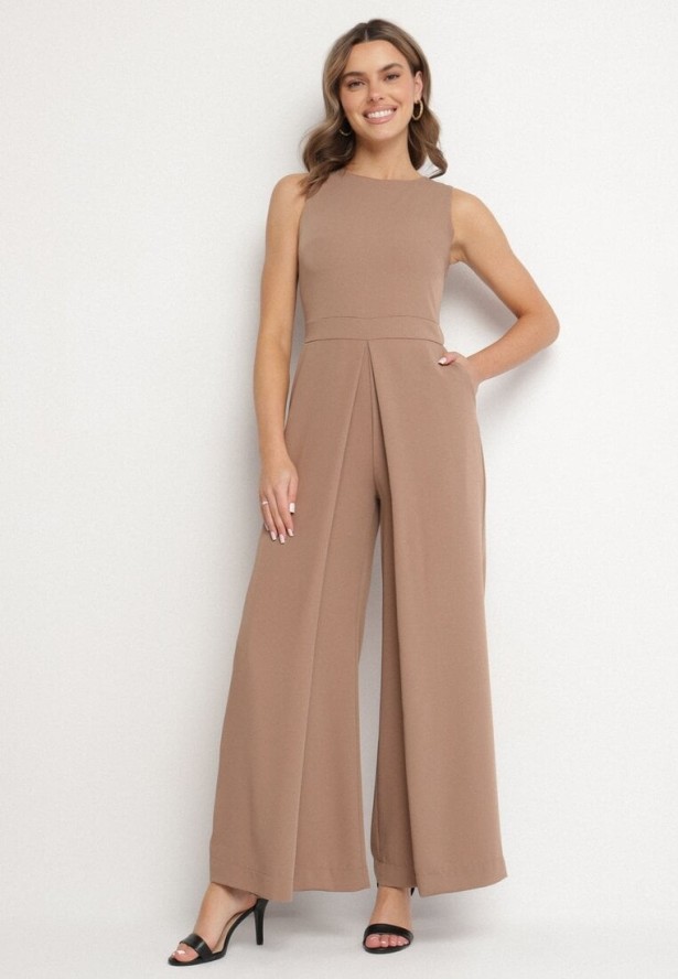 Ciemnobeżowy Kombinezon Bez Rękawów z Szerokimi Nogawkami i Kieszeniami Veleldia